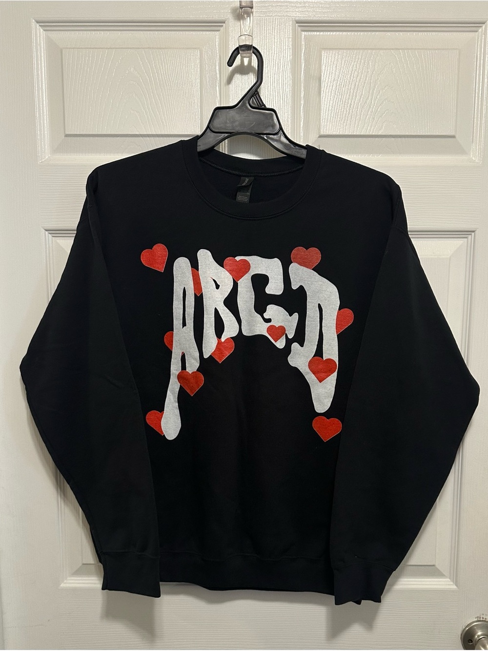 Gildan Black Crewneck Sweater with White Graphic and Red Hearts